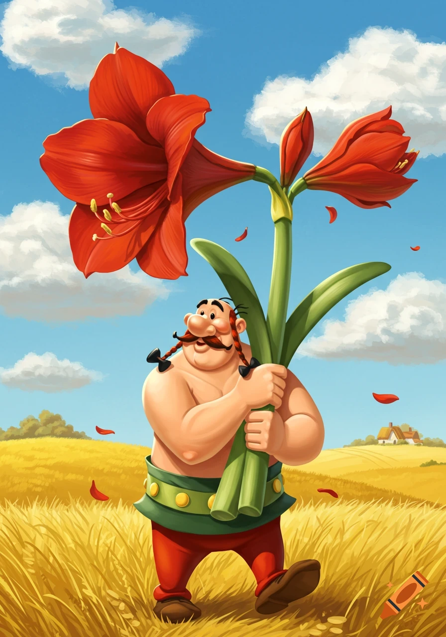 Obelix, a shirtless cartoon man with braided pigtails and a mustache, happily carries a giant red amaryllis through a golden wheat field under a blue sky.