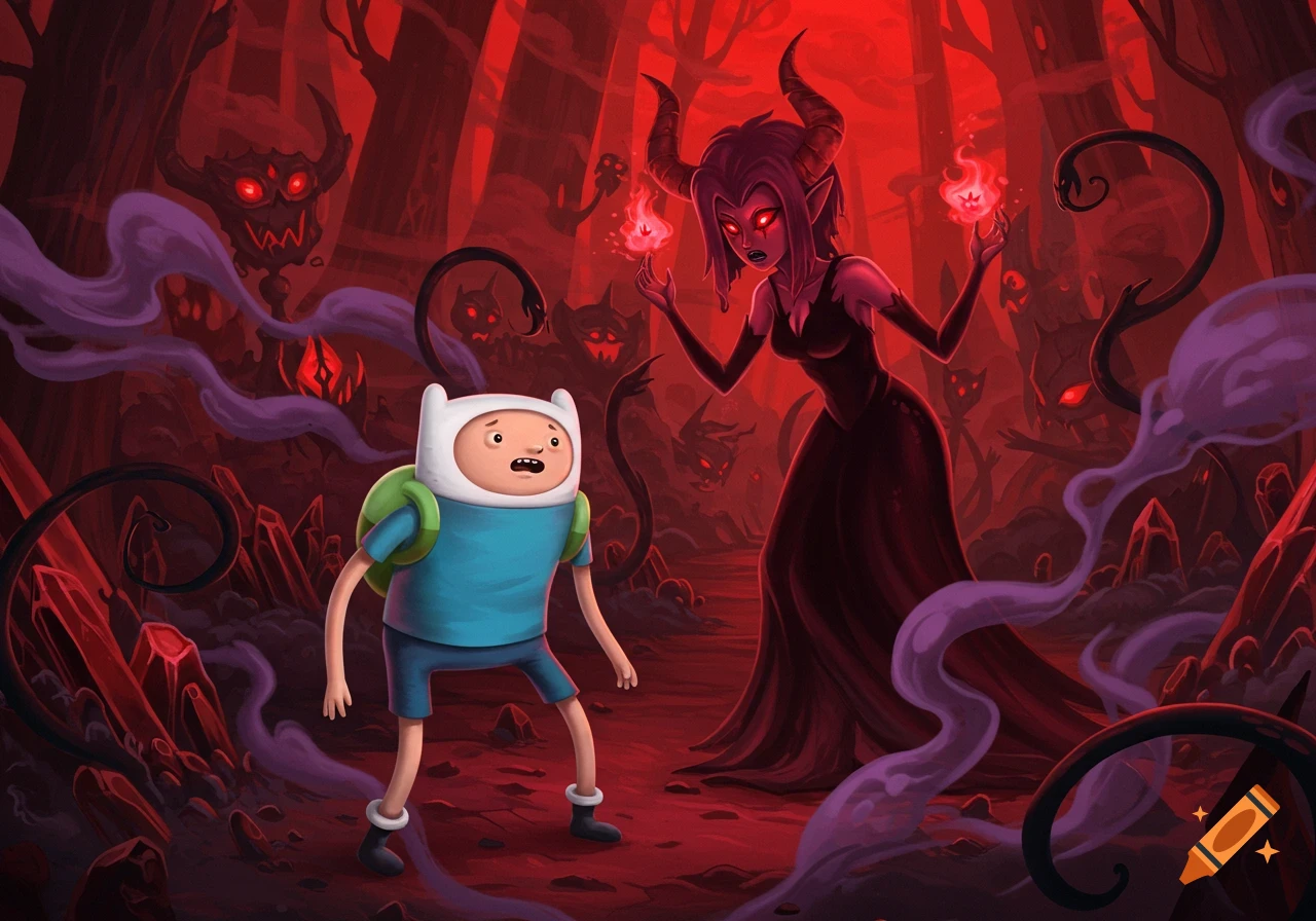 Finn Mertens confronts a horned female demon in a vibrant, ominous red forest filled with glowing monsters.