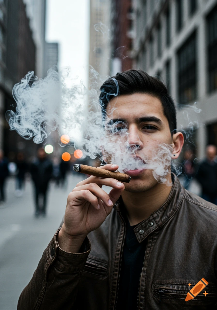 A young man in a brown leather jacket smoking a cigar on a city street, with smoke billowing around his face.