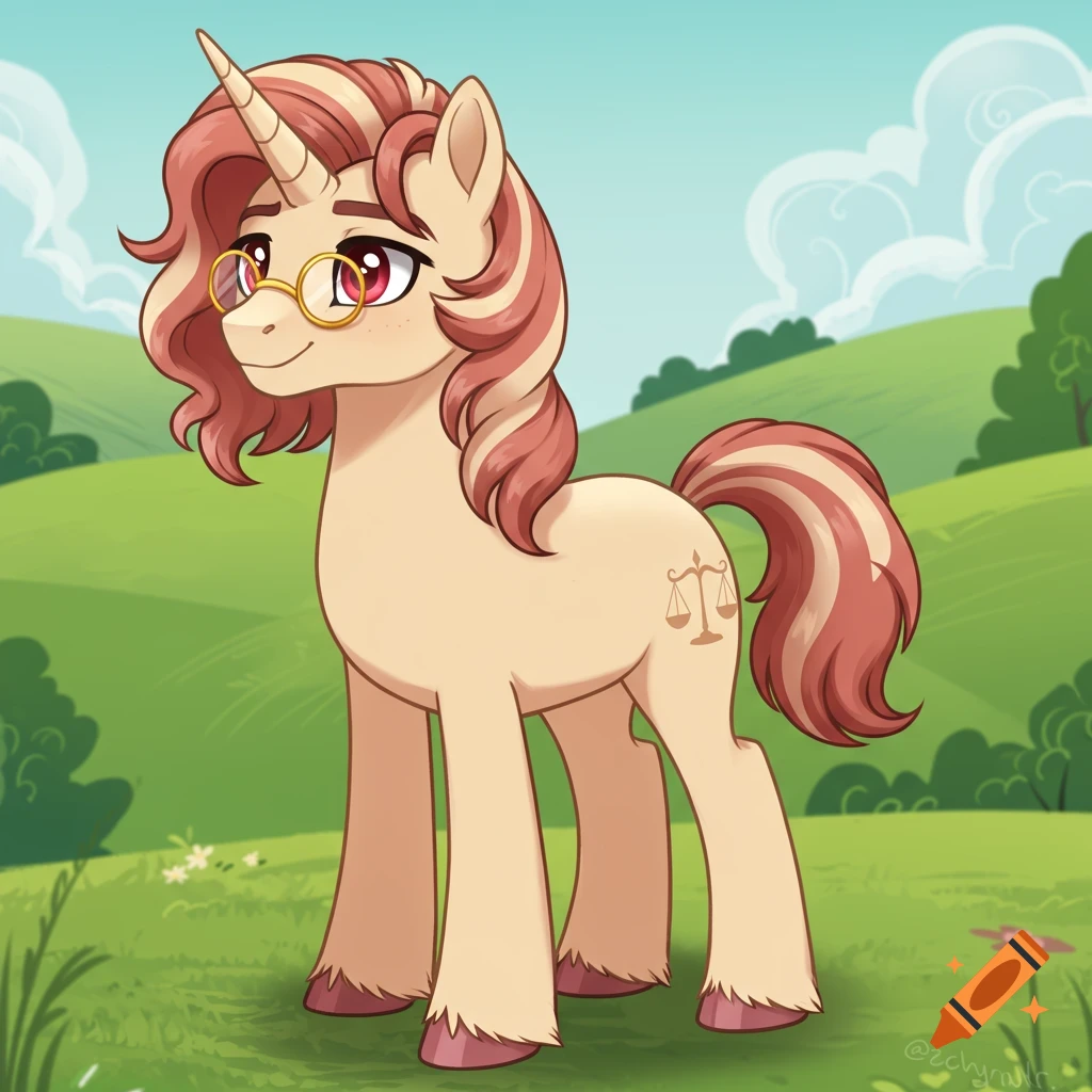 A beige cartoon unicorn stallion with a striped strawberry blonde mane and tail, crimson eyes, and golden glasses stands in a green field under a blue sky. A balance scale is on its flank.