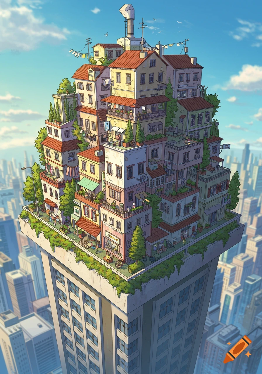 A whimsical, cartoon city with colorful houses and shops atop a modern skyscraper, overlooking a sprawling urban landscape under a blue sky.
