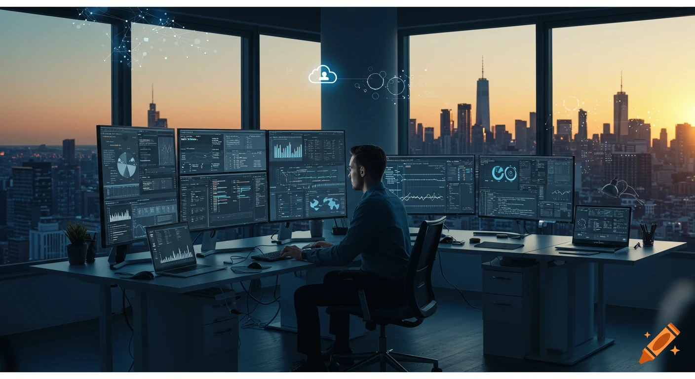 A man works at a desk with multiple computer monitors displaying data and code, overlooking a city skyline at sunset.