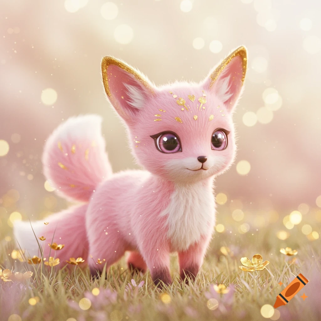 A cute, fluffy pink fox kit with large eyes and golden glitter accents stands in a whimsical grassy field with golden flowers and bokeh lights.