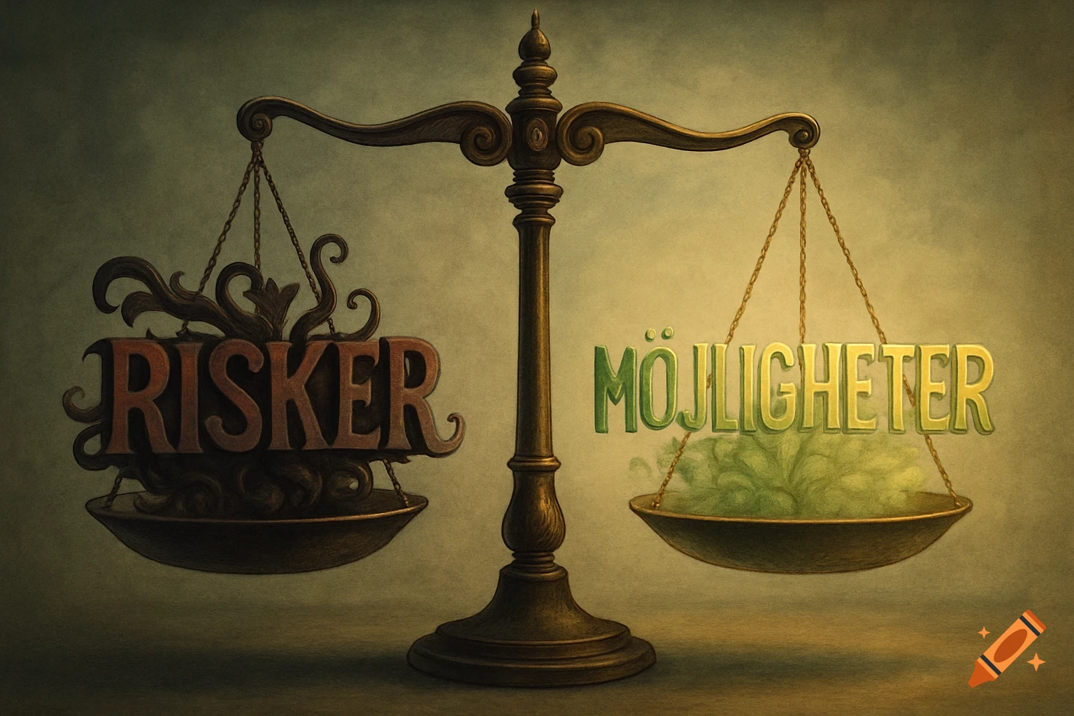 An antique balance scale, with heavy 'RISKER' (Risks) on the left and light, green 'MÖJLIGHETER' (Opportunities) on the right.