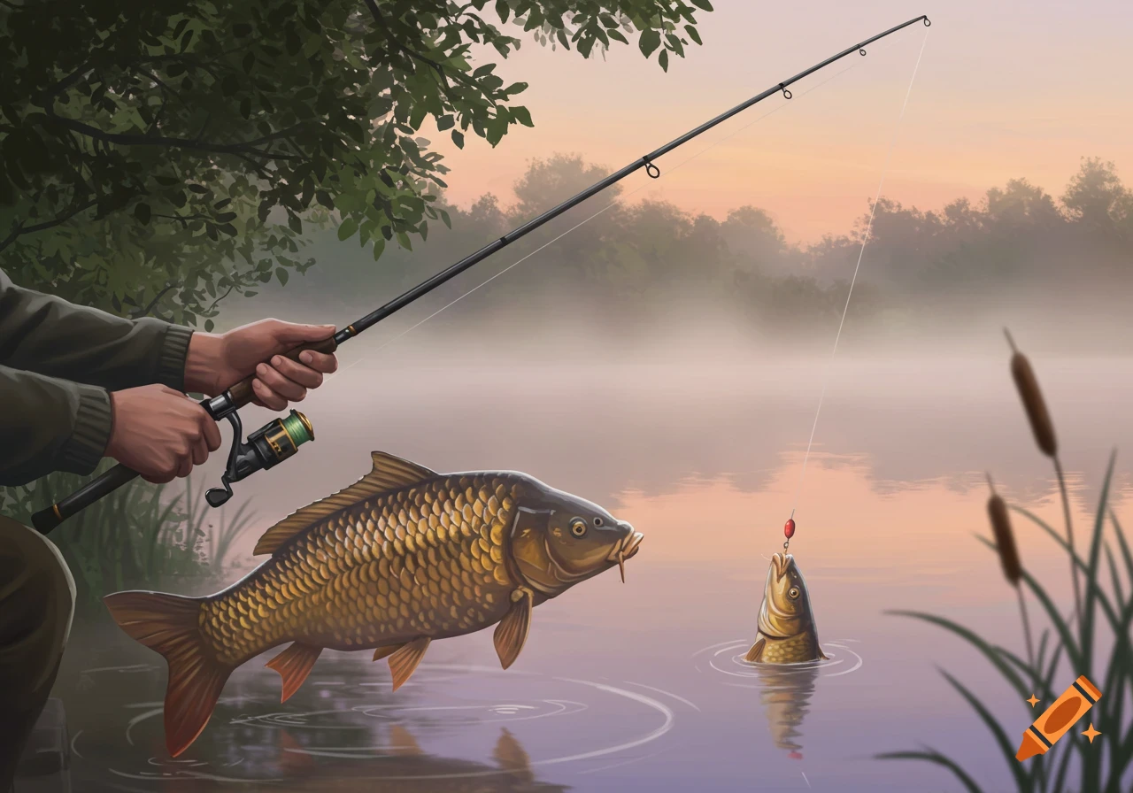 An illustration of a person fishing at a misty lake during sunrise, with a large carp out of the water and another on the fishing line.