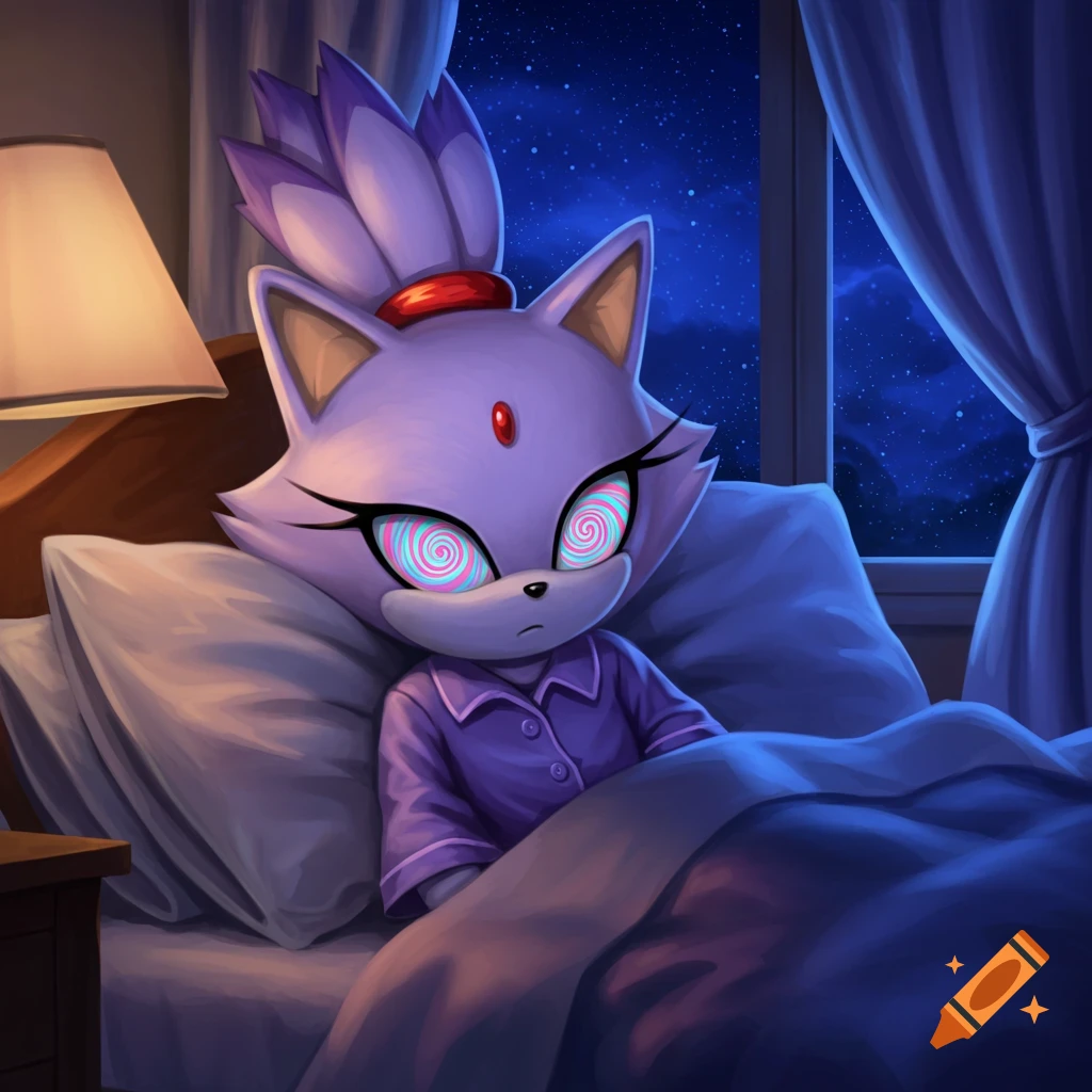 Blaze the Cat in purple pajamas, lying in bed at night with spiral hypnotic eyes.