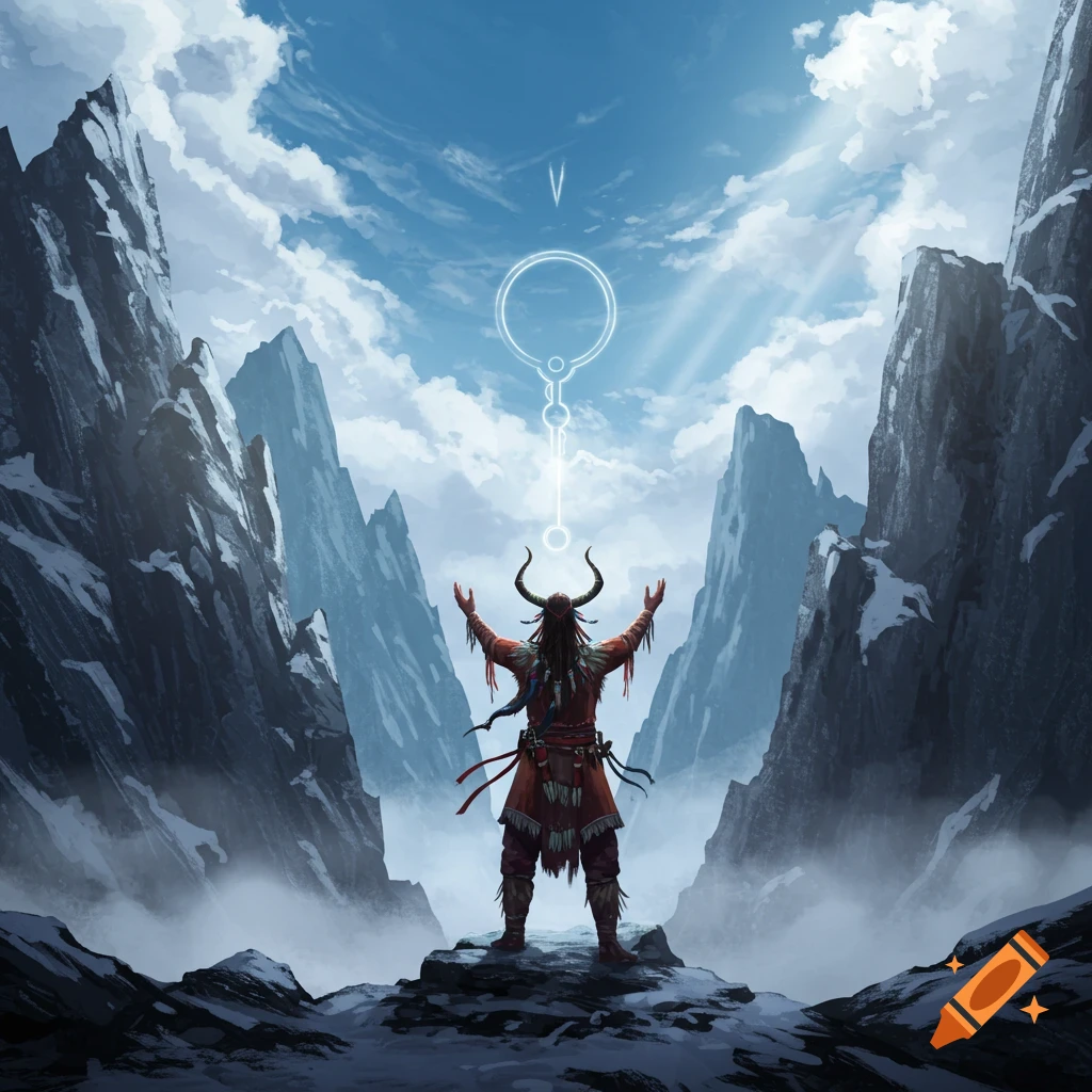 A horned shaman in tribal attire stands between snowy mountains, hands raised towards a glowing white symbol in the blue sky.