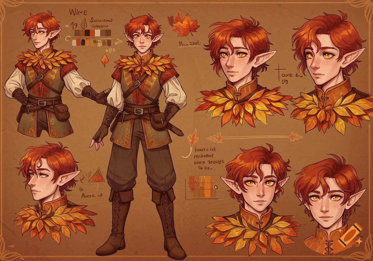 Character design sheet of a young male autumn eladrin with red hair, amber eyes, and pointed ears, wearing a leaf-adorned outfit. Anime art style.