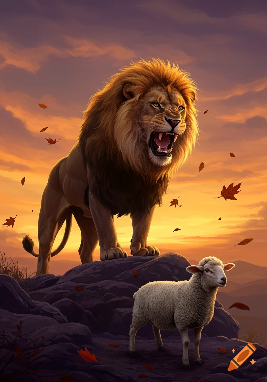 Digital art of a powerful lion roaring on a rocky outcrop at sunset, with a small sheep standing below.