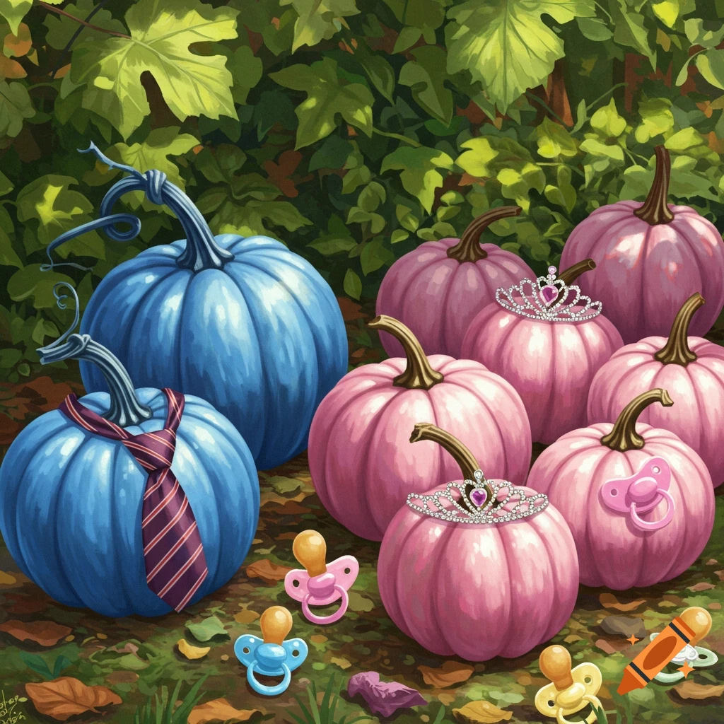 Blue pumpkins with a tie and pink pumpkins with tiaras and pacifiers on a leafy ground under green foliage.