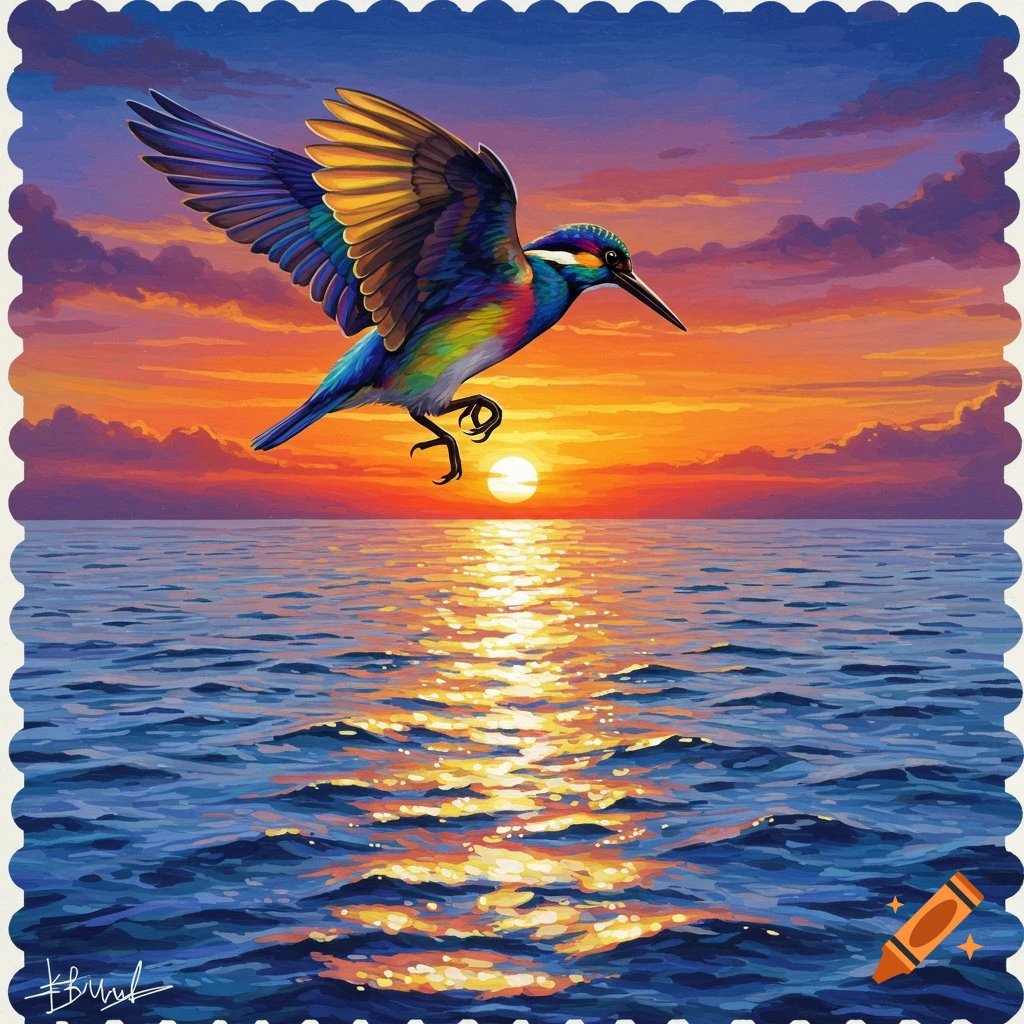 A vibrant, colorful bird with wide wings flies over a shimmering ocean at a fiery sunset, stylized as a postage stamp.