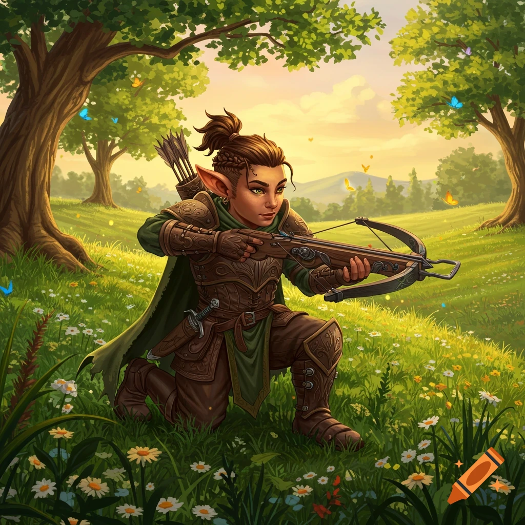 A halfling sharpshooter kneels in a sunlit grassy field with trees, aiming a crossbow. Butterflies flutter around.