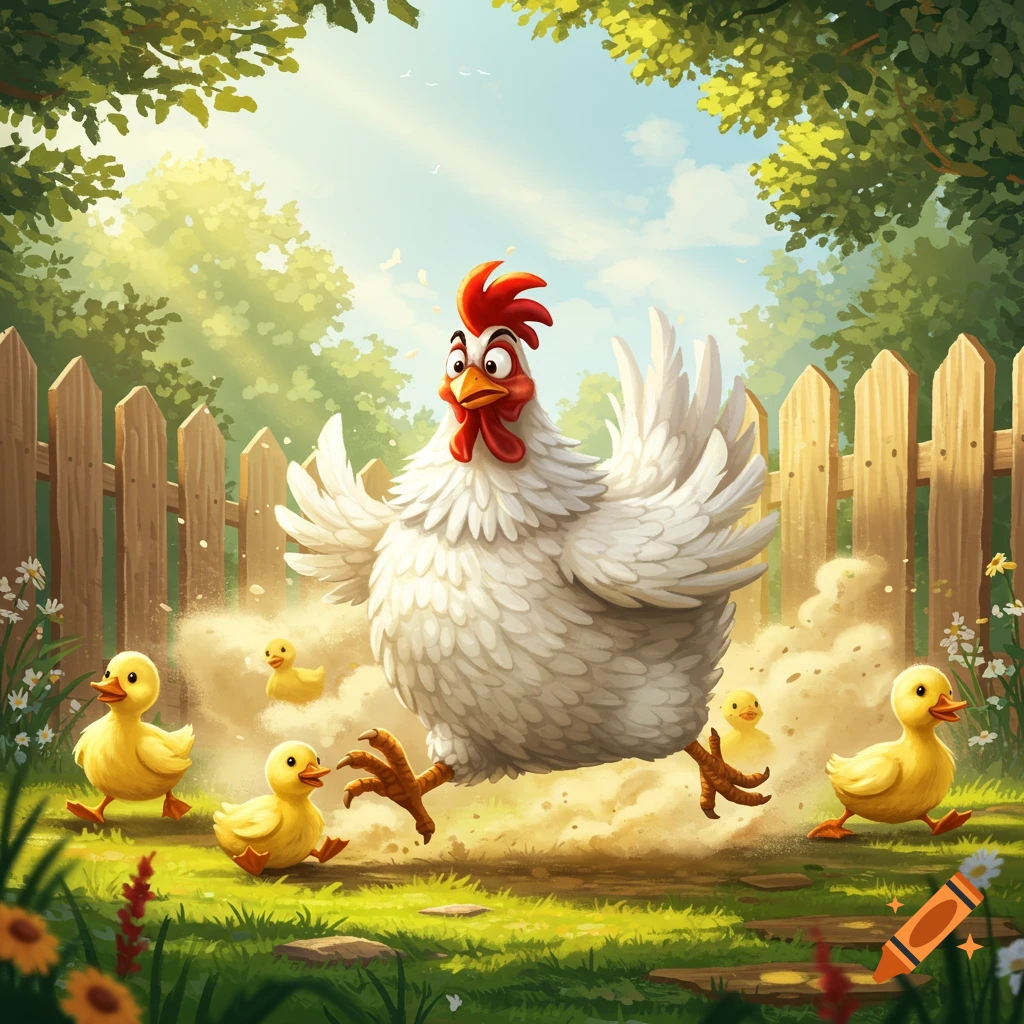 A frantic cartoon chicken runs, kicking up dust, surrounded by yellow ducklings in a sunny backyard.