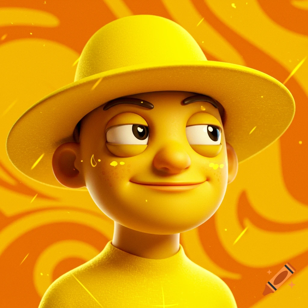 A smiling 3D cartoon character with yellow skin and a yellow hat, against an orange swirl background.