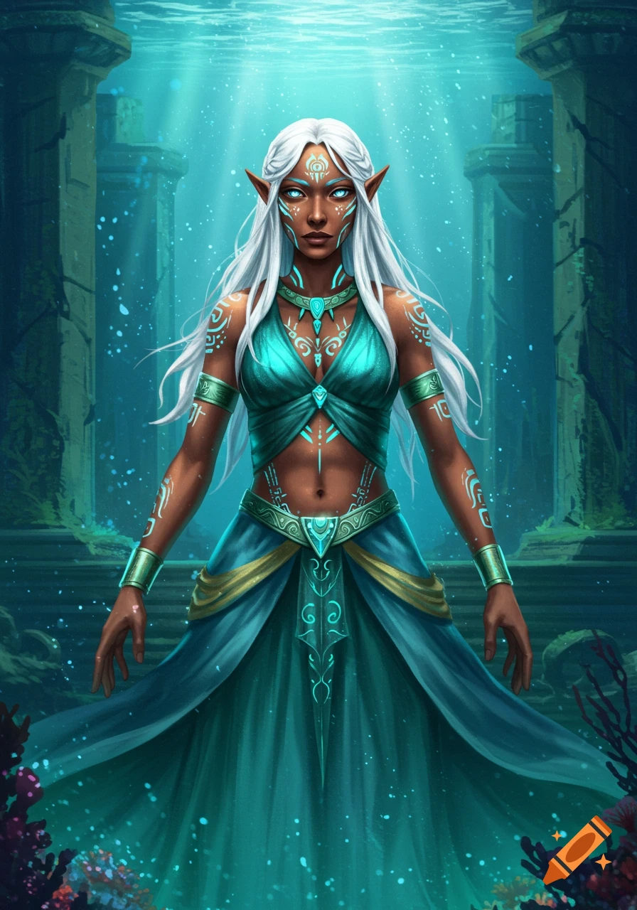 An elf-like woman with white hair and glowing patterns on her dark skin, wearing a turquoise outfit, stands in ancient underwater ruins.