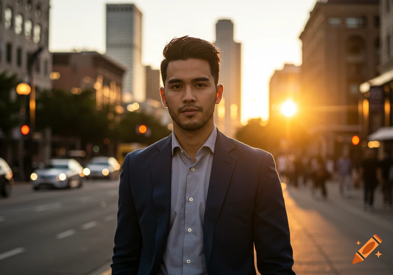 Photorealistic portrait of a stylish man standing on a city street at sunset.