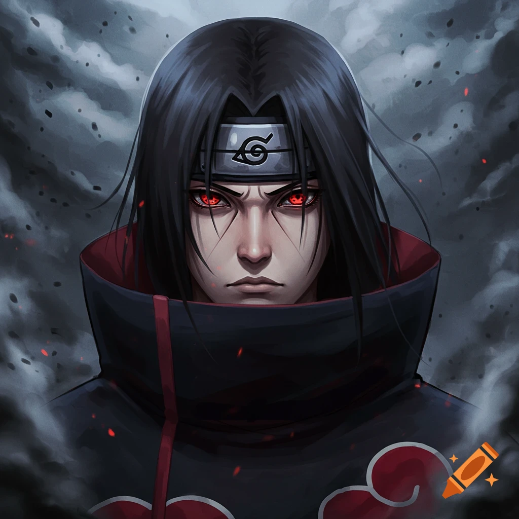 Stylized portrait of Itachi Uchiha with glowing red Sharingan eyes and long dark hair, wearing a high-collared black cloak.