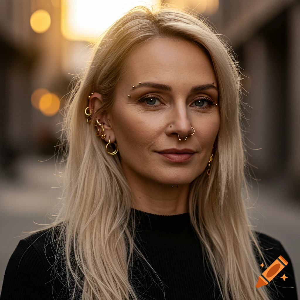 Photorealistic portrait of a blonde woman with numerous gold facial and ear piercings, outdoors with soft lighting.