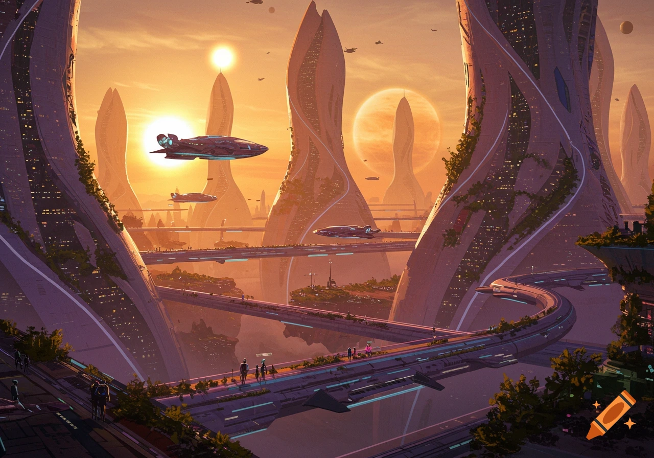 Vibrant sci-fi cityscape with towering, organic buildings, elevated roads, flying spaceships, and sun in an orange sky.
