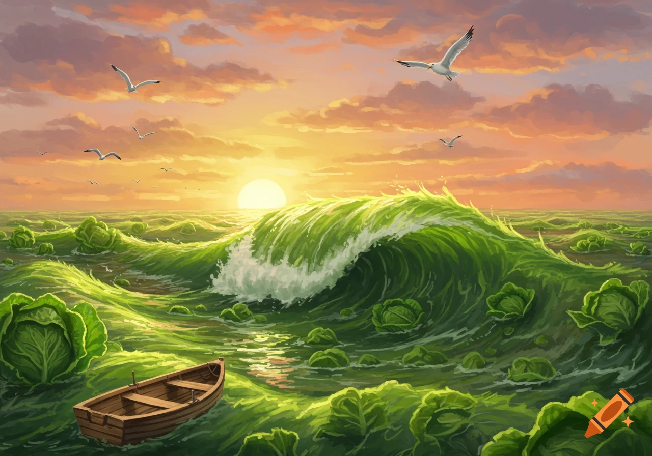 A surreal illustration of a green ocean made of lettuce and cabbages, with a small wooden boat, under an orange sunset sky with seagulls.