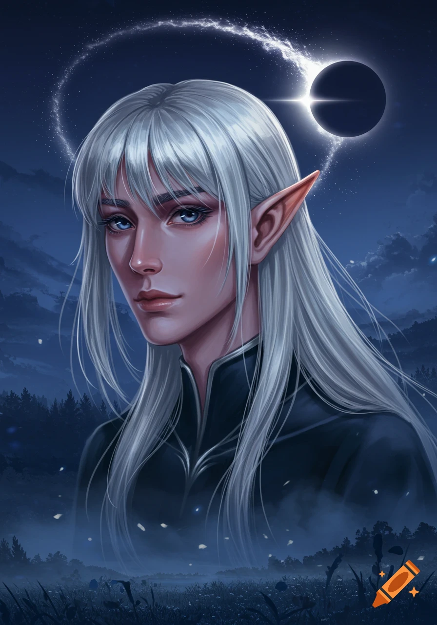 Fantasy digital art of a white-haired elf with pointed ears, blue eyes, and bangs, with a ringed eclipse in a starry night sky.