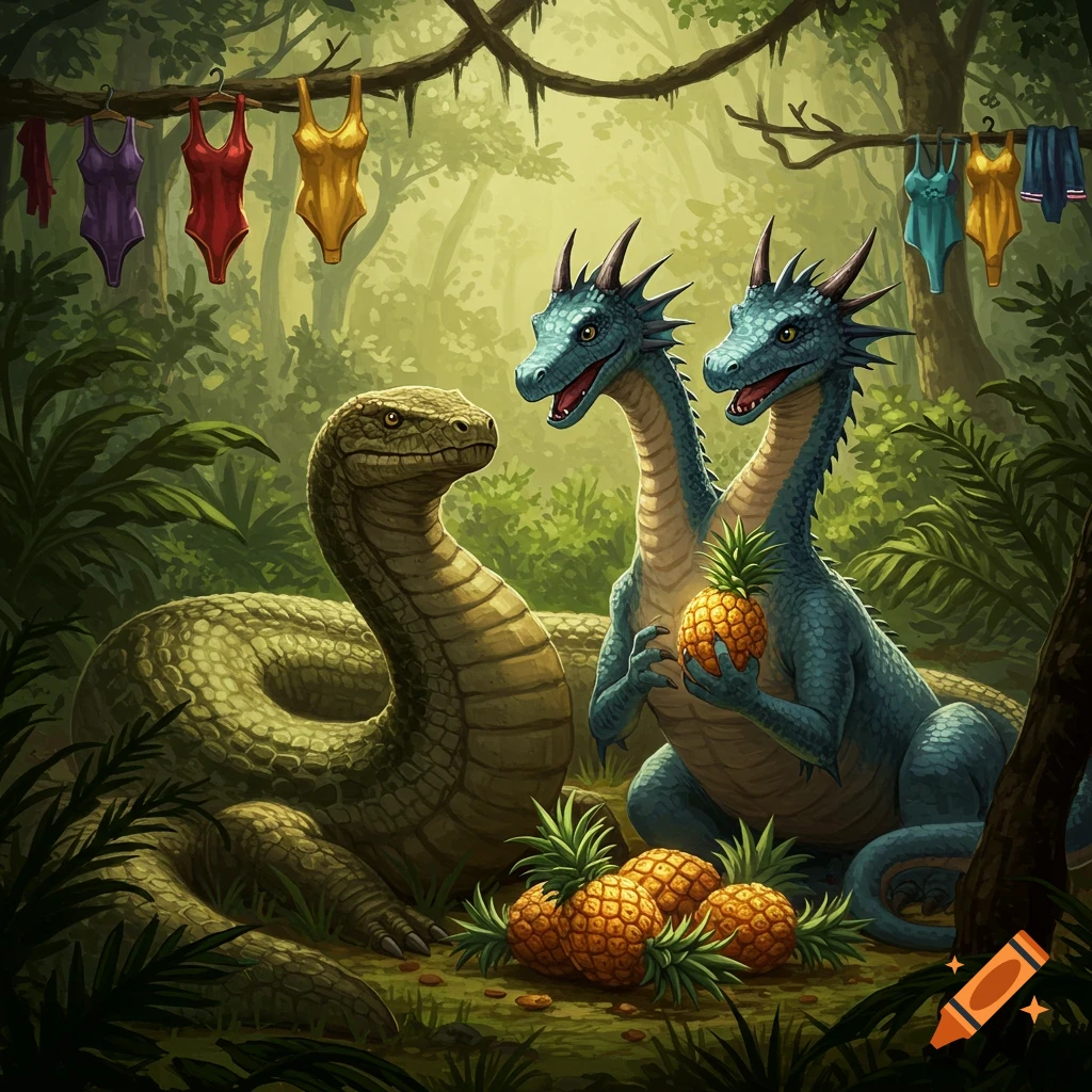 A large snake and a two-headed blue dragon with pineapples in a lush jungle, with colorful leotards hanging on a branch.