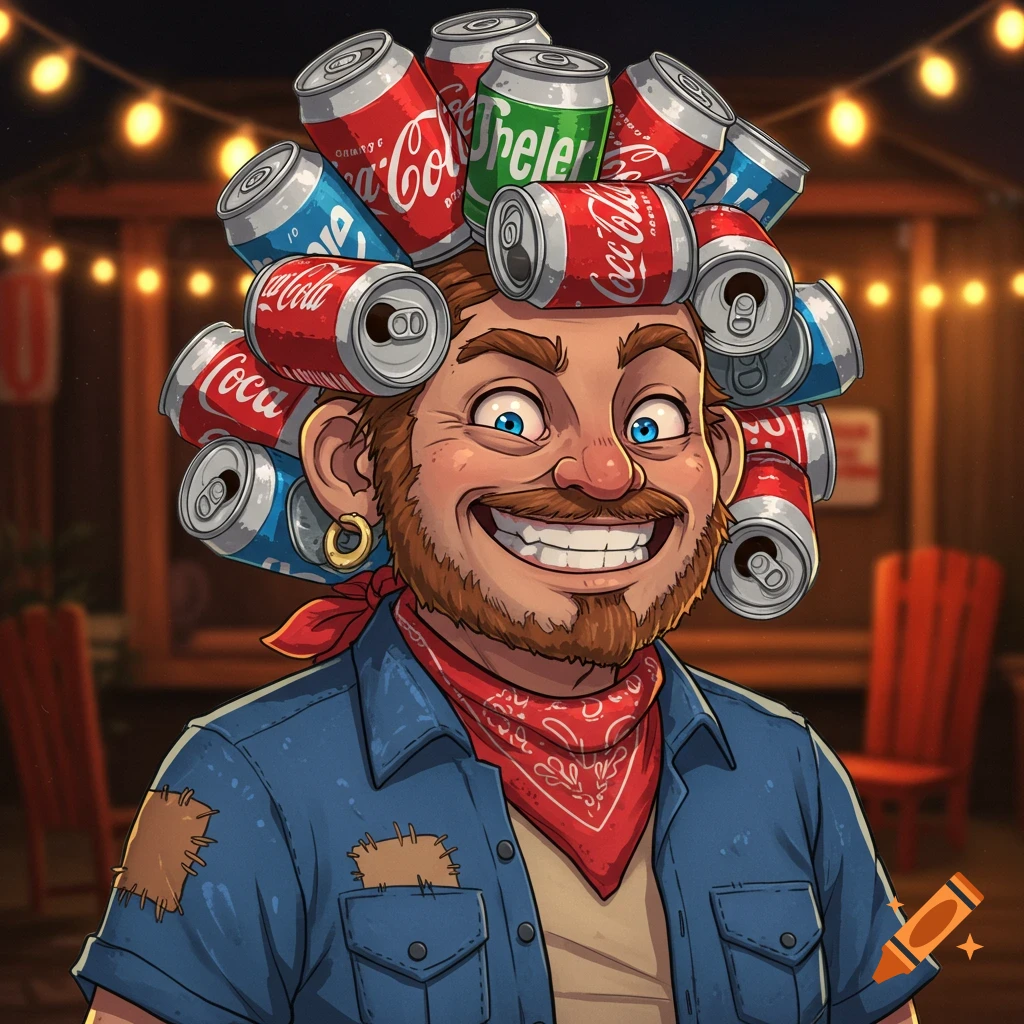 Cartoon man with a beard, blue eyes, and a red bandana, smiling broadly. His hair is made of various red, green, and blue soda cans. He wears a patched blue denim shirt. Stylized digital art.