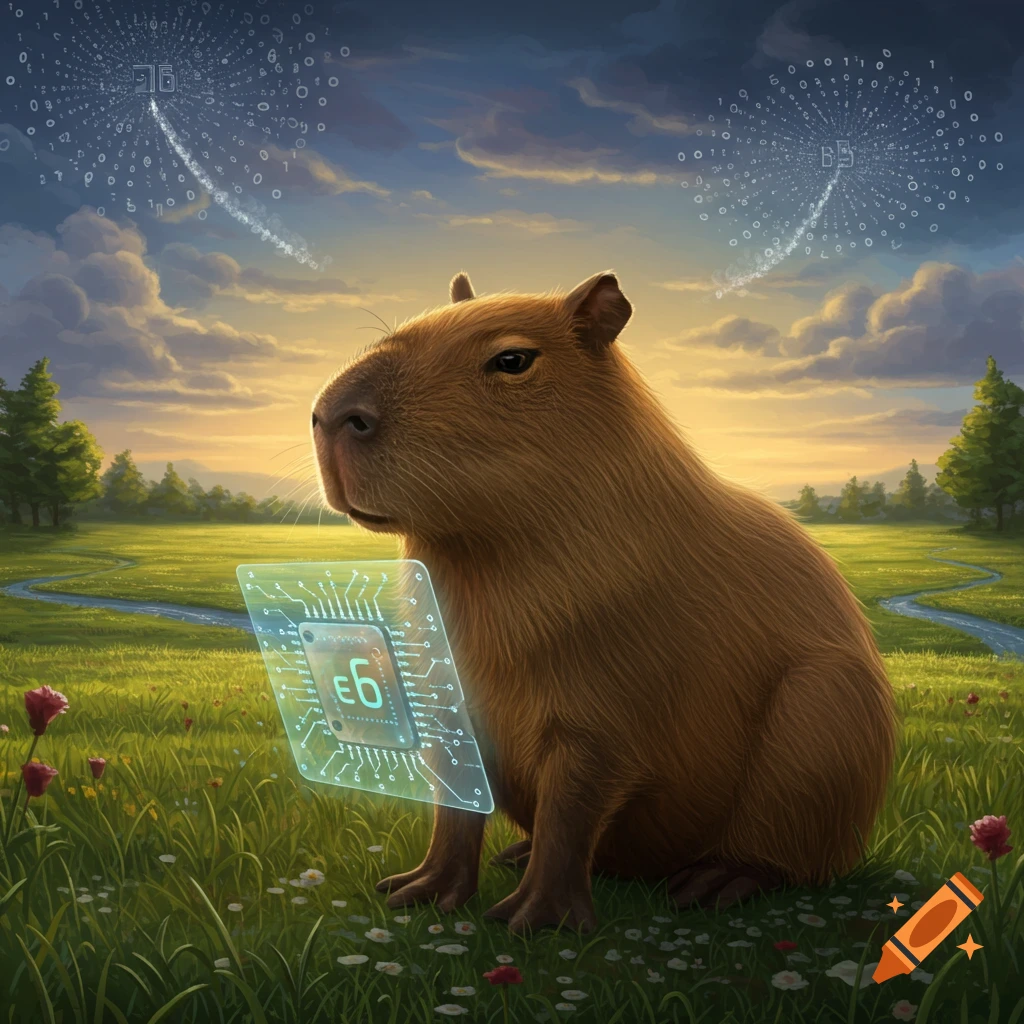 A capybara sits in a grassy field, gazing at a glowing holographic circuit chip, with binary code rising into the sunset sky.