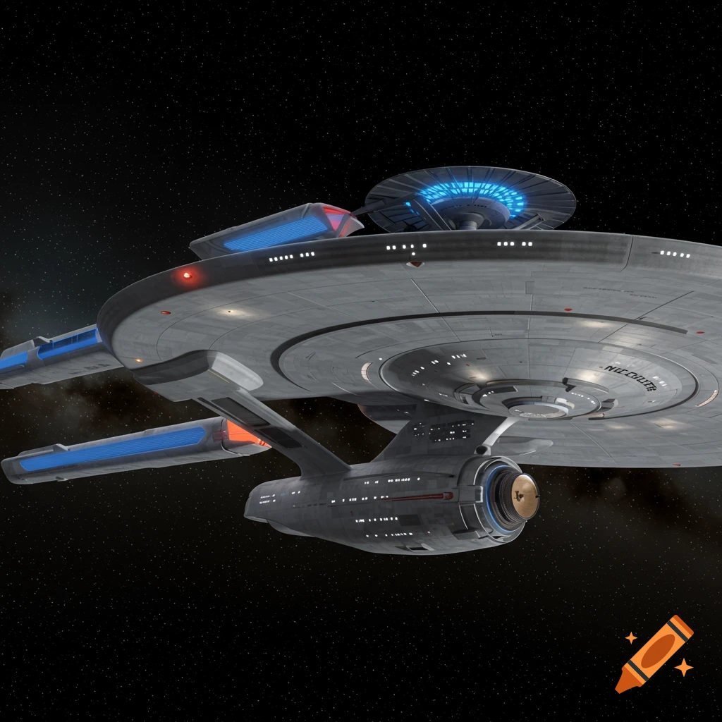 A detailed, grey futuristic spaceship with blue and orange glowing parts, resembling the Starship Enterprise, flies in deep space.