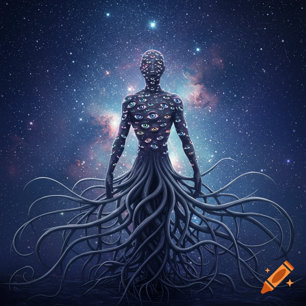 Surreal humanoid figure covered in eyes with root-like legs against a cosmic starry sky.