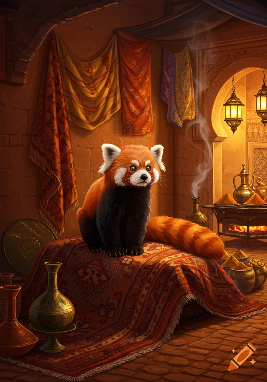 A cute red panda sits on a patterned rug in a warm Moroccan-style room with hanging tapestries, lanterns, and brass pots.