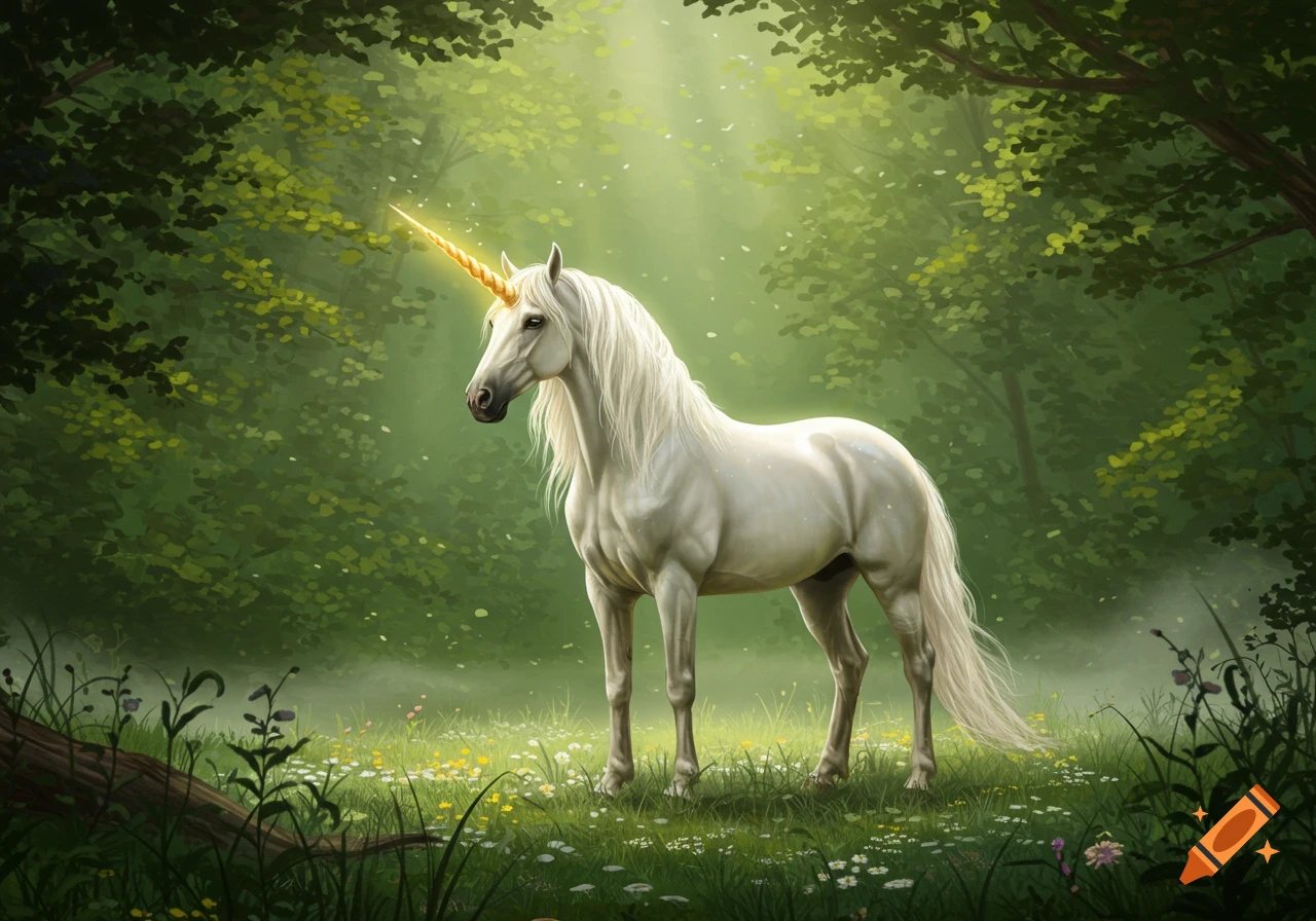 A majestic white unicorn with a glowing golden horn stands in a sunlit forest clearing amidst green foliage and wildflowers.