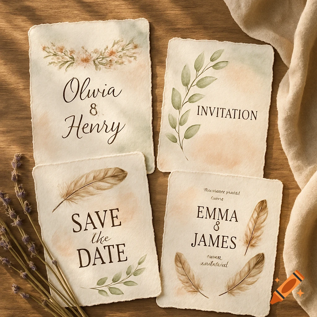 Four boho watercolor wedding invitations on a wooden table, decorated with botanical elements and feathers.