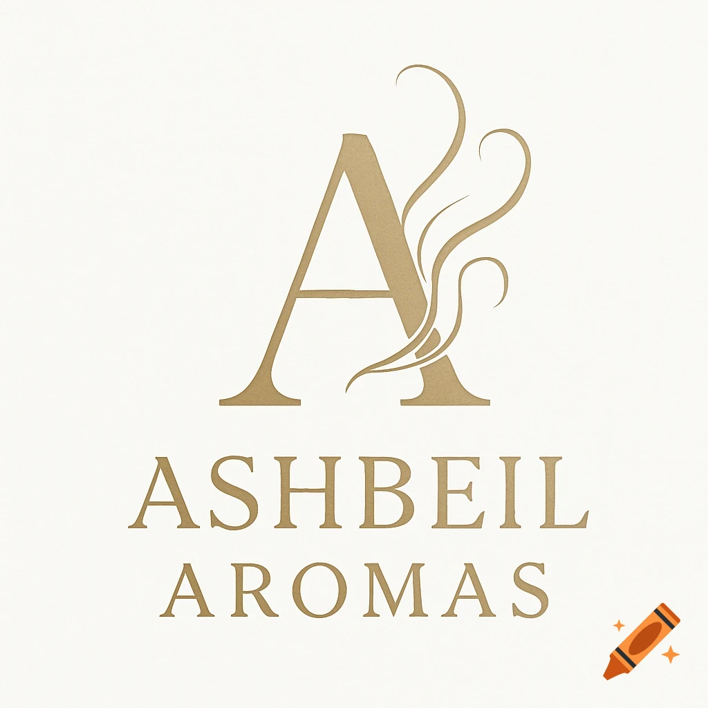 Gold logo with a stylized 'A' and swirling elements above 'ASHBEIL AROMAS' on a white background.