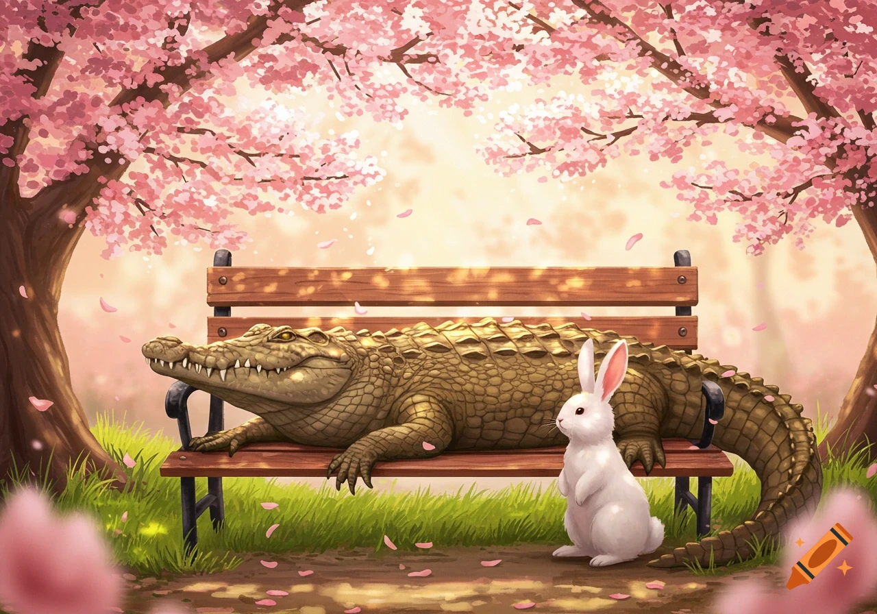 A crocodile lies on a park bench next to a white bunny, surrounded by pink cherry blossoms in a vibrant illustration.