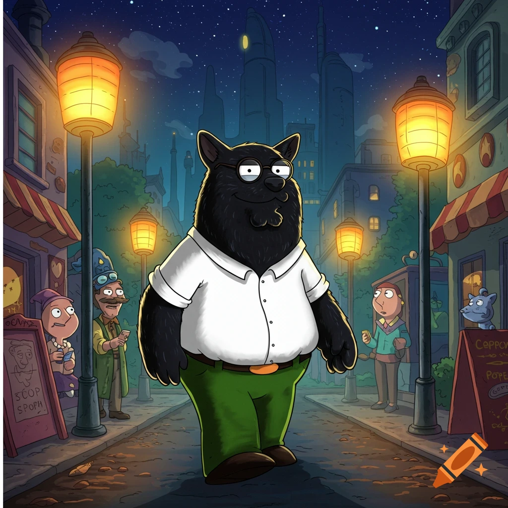 A furry black Peter Griffin wearing a white shirt and green pants walks down a lamp-lit street at night in a cartoon city.