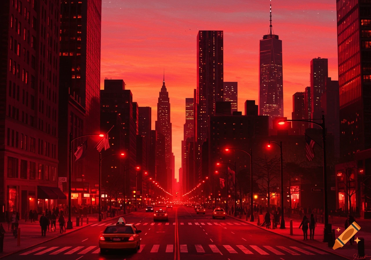 A vibrant, red-toned cityscape with tall buildings, a busy street with cars, and pedestrians under a dramatic red sky.