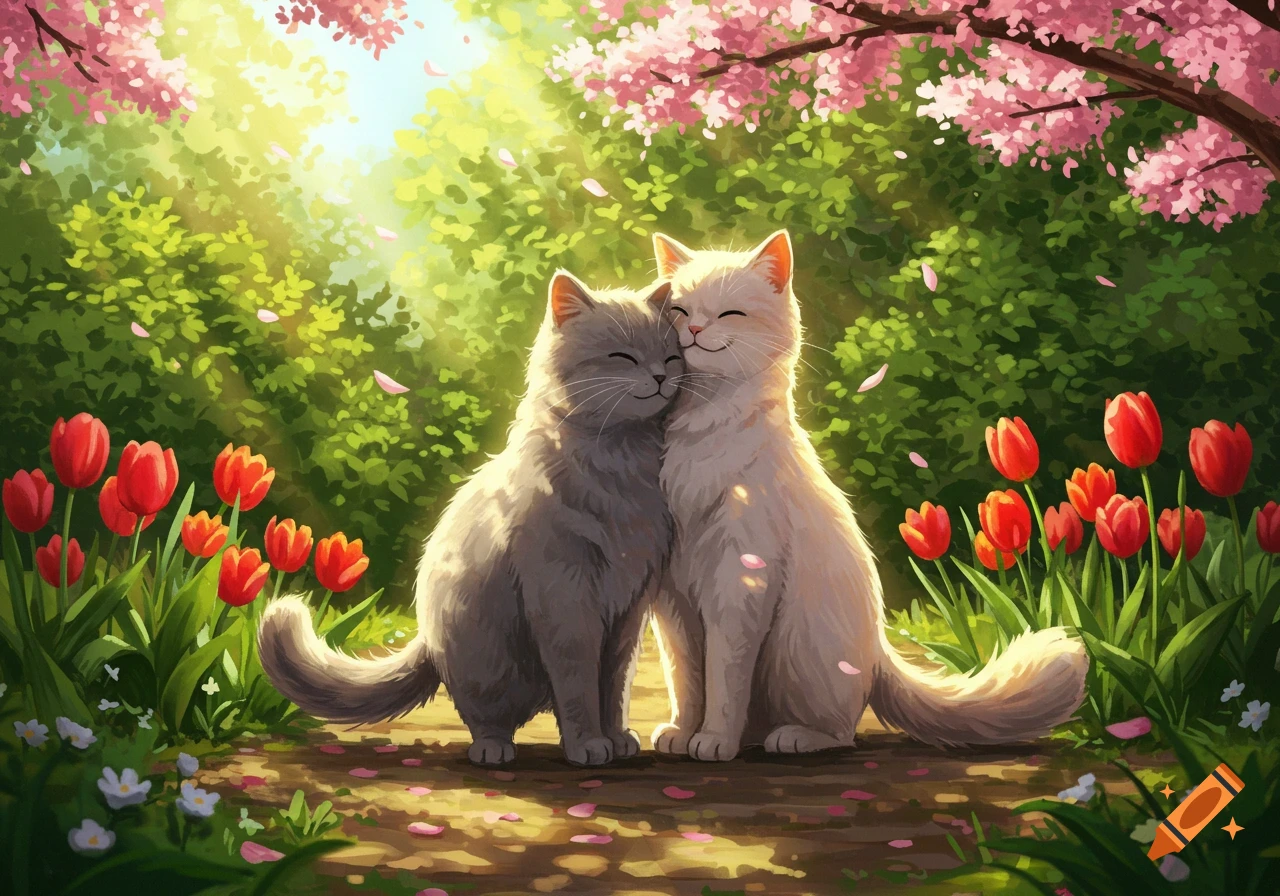 Two fluffy cats hug in a vibrant, sunny spring garden with red tulips and pink cherry blossoms.