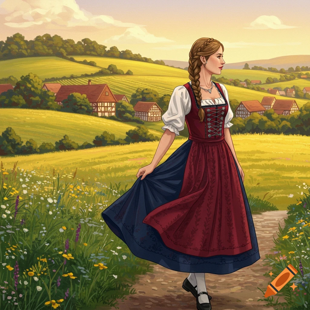Illustrated woman in a traditional German dress walks through a wildflower field with a village and green hills at sunset.