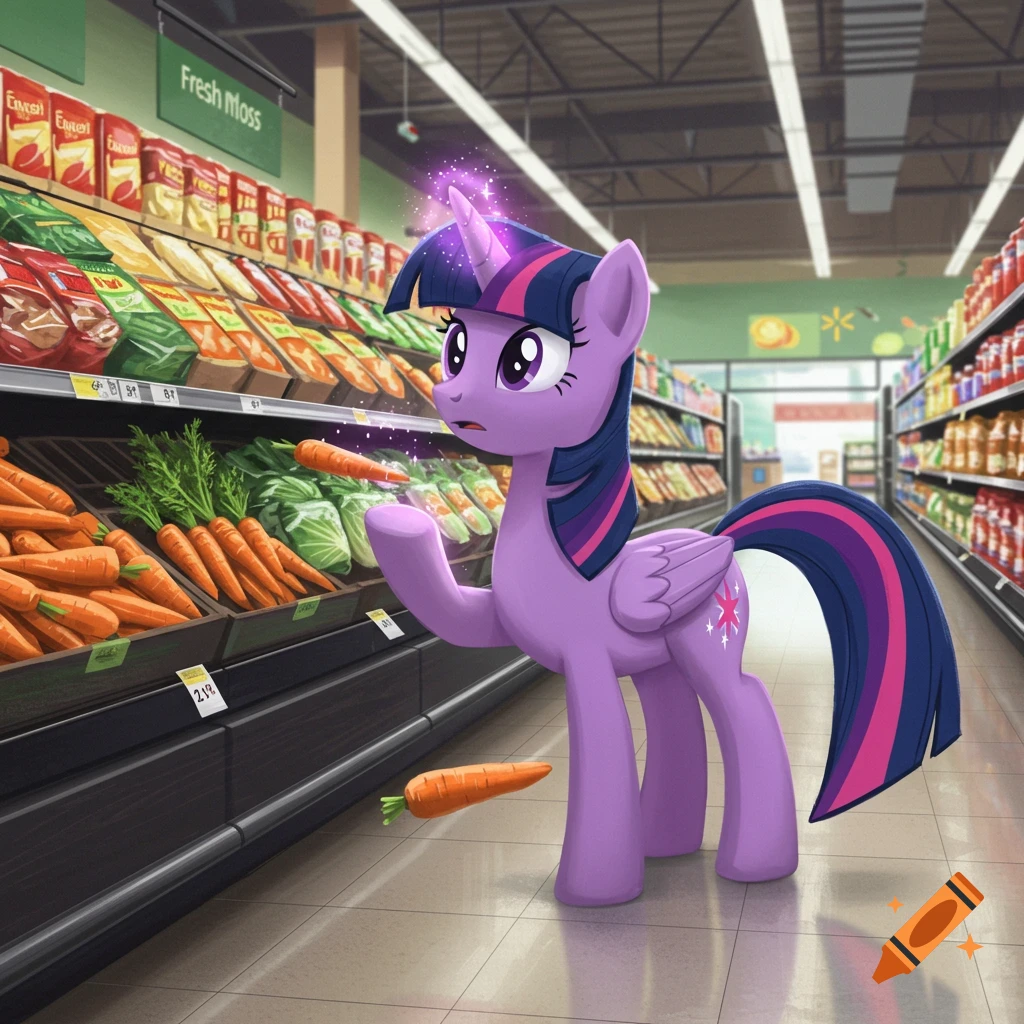 Twilight Sparkle, a purple unicorn pony, uses magic to levitate carrots in a grocery store produce aisle, with some carrots already floating.