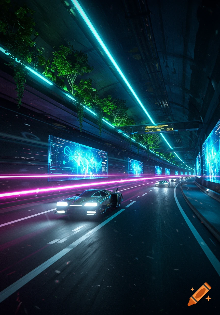 A futuristic car drives through a neon-lit underground tunnel with digital displays and glowing plants.