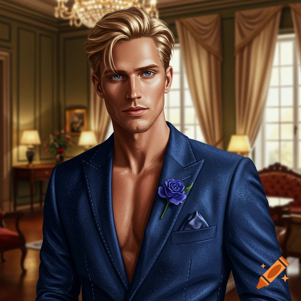 An illustrative portrait of a handsome blond man with blue eyes wearing an open indigo suit with a purple rose boutonniere, in a fancy room.