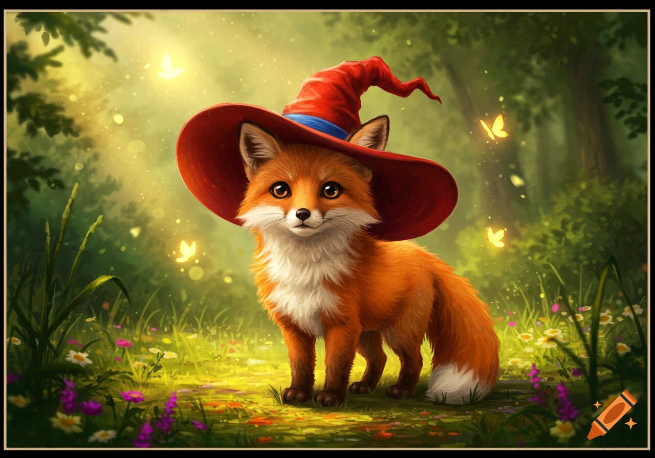 A cute fox wearing a red wizard hat stands in a magical forest clearing with glowing butterflies and flowers.