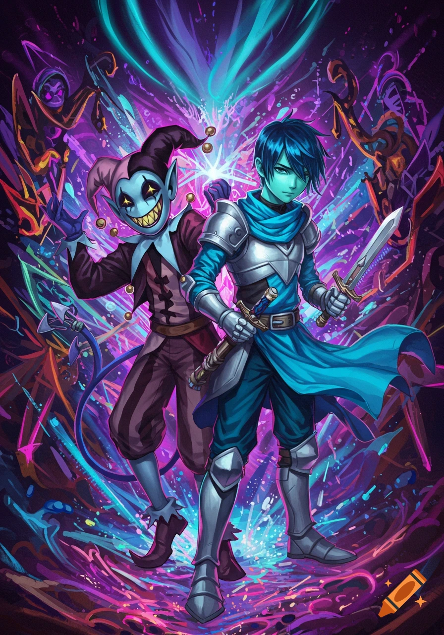 Two stylized fantasy characters, a jester-like figure and an armored knight, stand amidst vibrant, chaotic purple and blue energy.