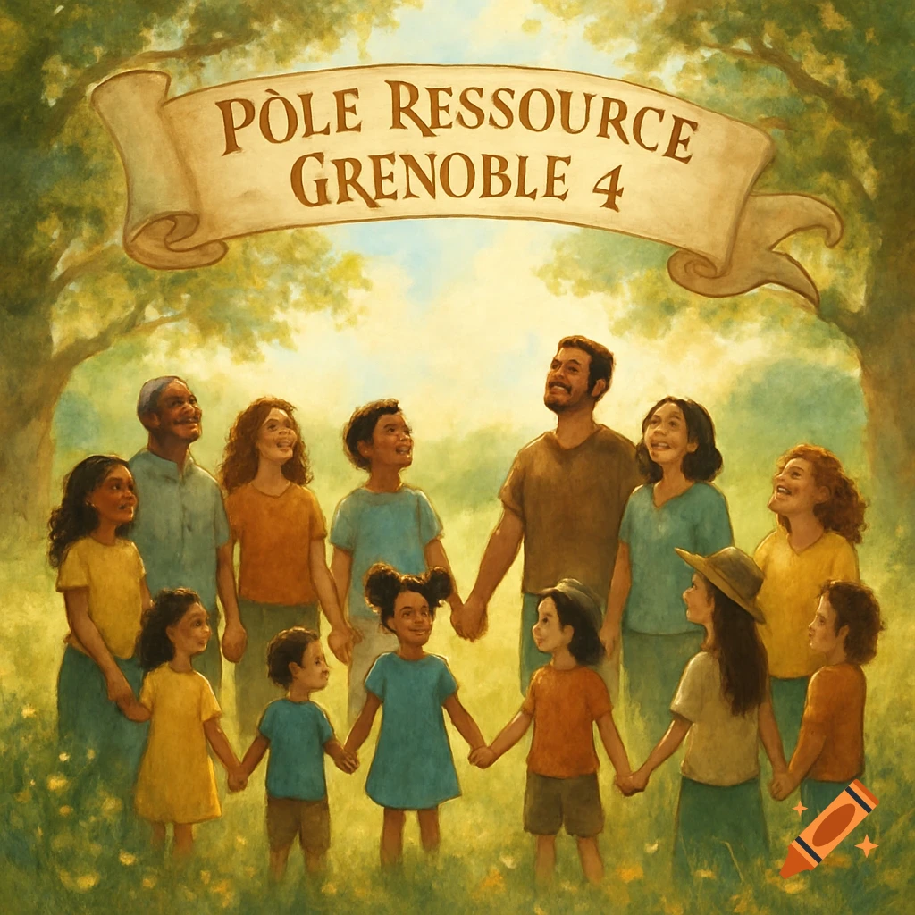 Watercolor illustration of a diverse group of adults and children holding hands in a sunlit forest, with a banner that reads "PÔLE RESSOURCE GRENOBLE 4".