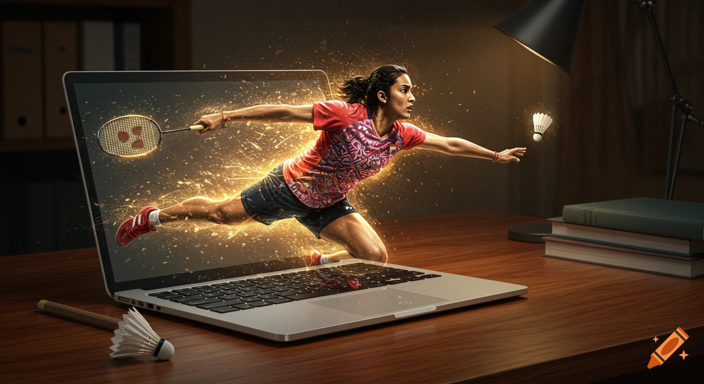 An Indian female badminton player leaps dynamically from a laptop screen, holding a racket and shuttlecock, on a wooden desk with golden sparks.