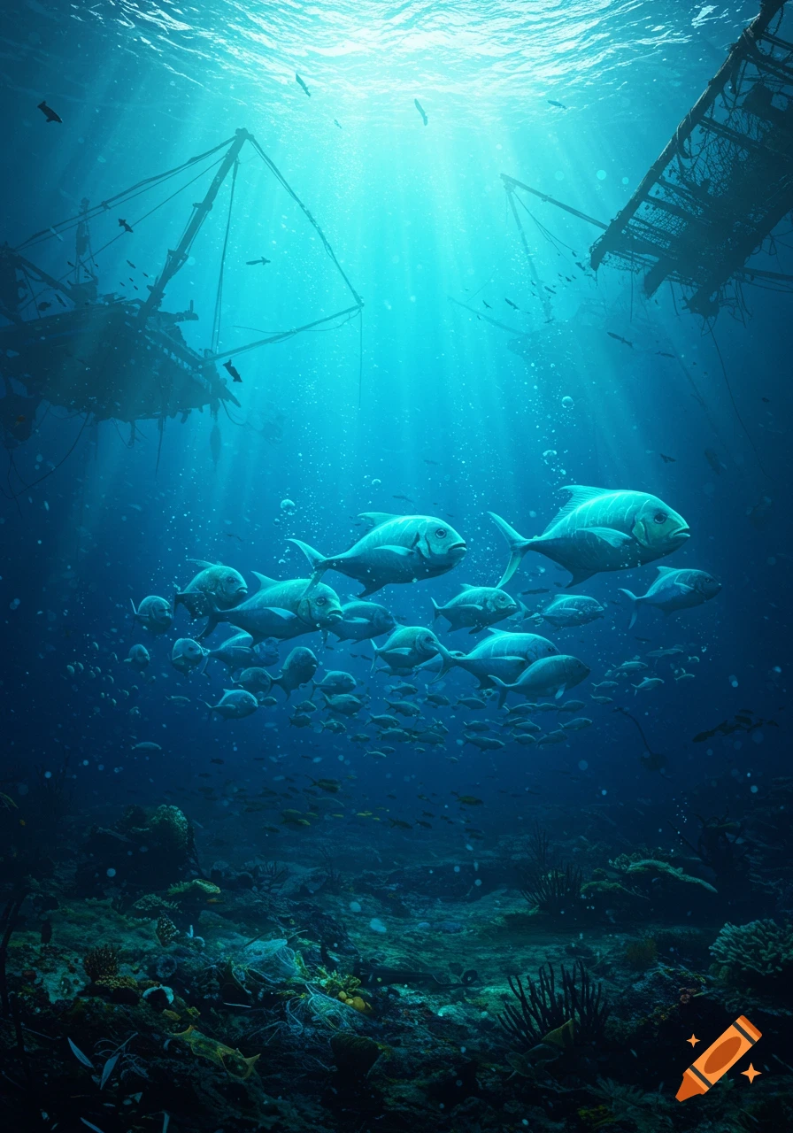 A vibrant underwater scene shows a large school of fish swimming past sunken ship parts, with light rays piercing through the blue water above a coral reef.