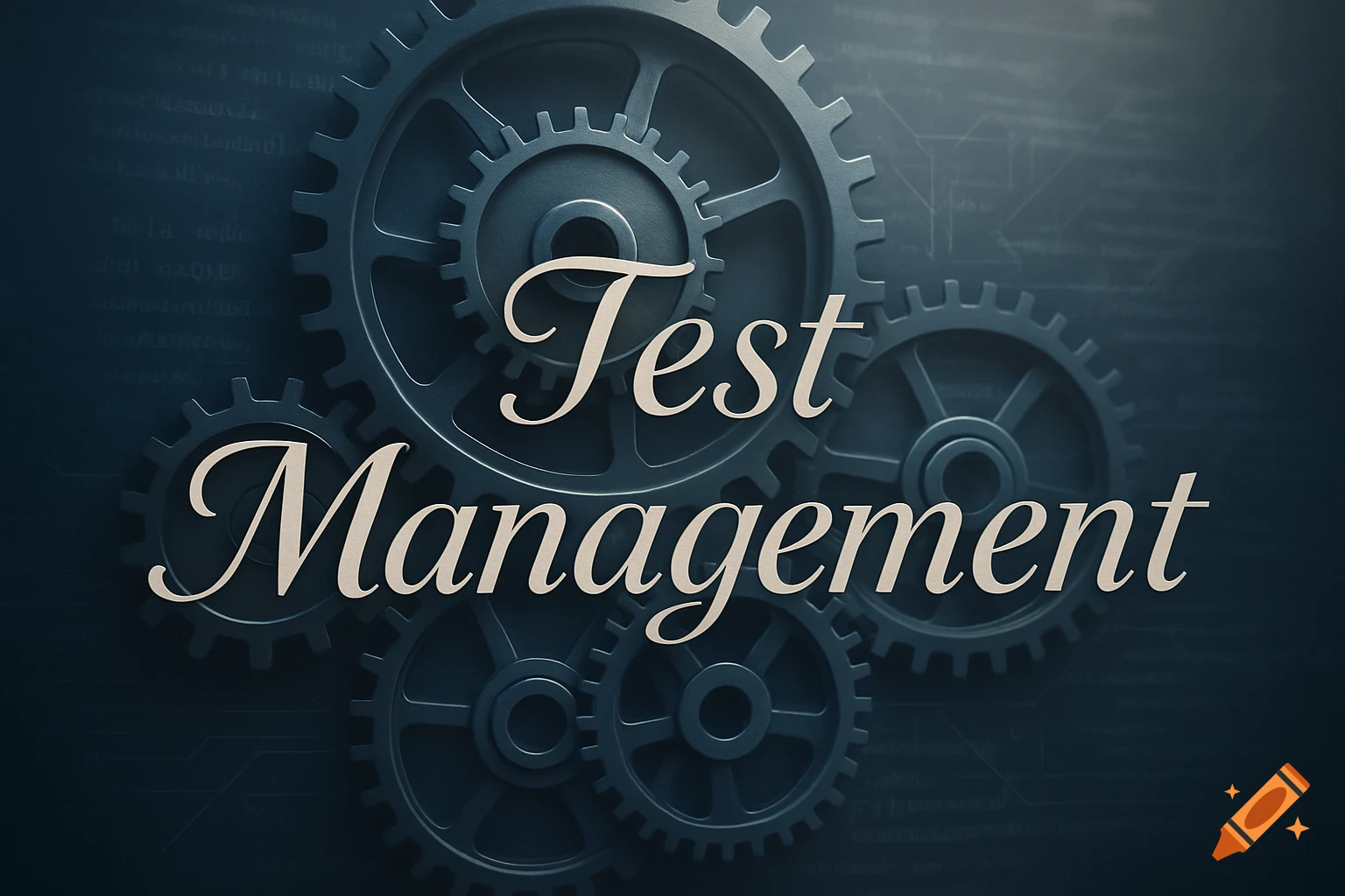 Stylized image of interlocking gears with the text 'Test Management' on a dark, subtle code background.