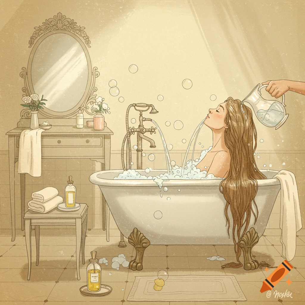 An illustrated woman with long hair taking a bubble bath, as a hand pours water over her head. Vintage style bathroom.