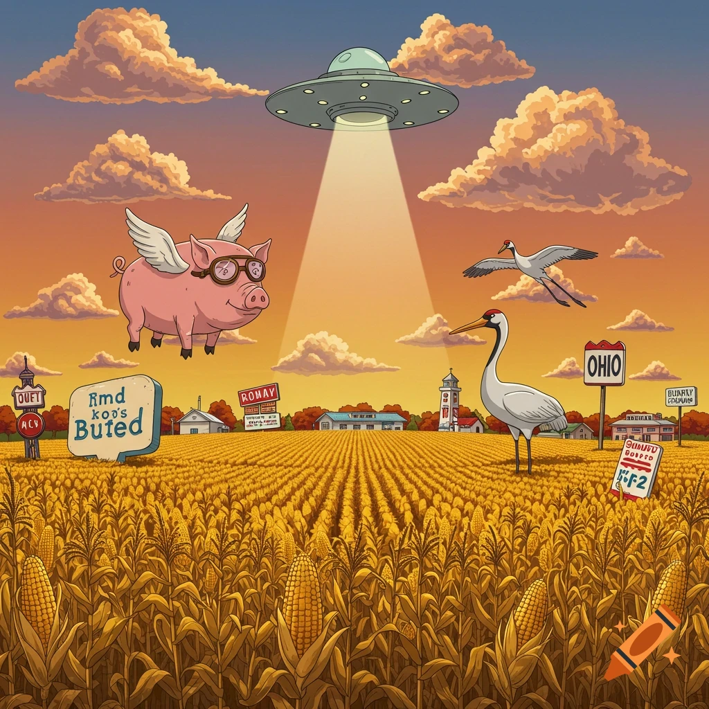 Cartoon landscape of a UFO over a cornfield, with a flying pig, two cranes, and road signs at sunset.